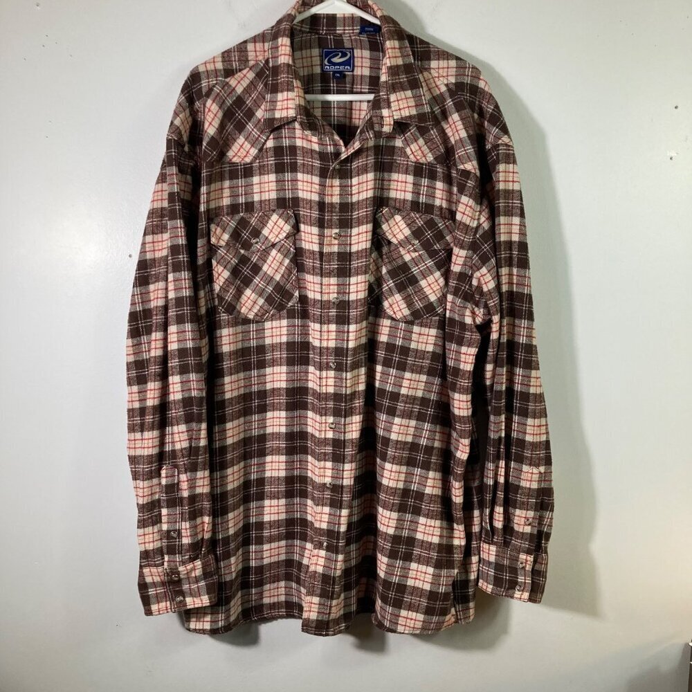Mens Roper Western Pearl Snap Plaid Flannel Shirt 2XL Brown Red White